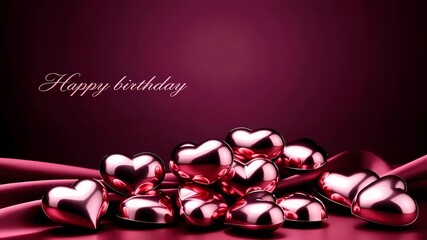 Happy birthday greeting card with metallic pink heart decorations romantic gift for loved ones isolated on dark pink background