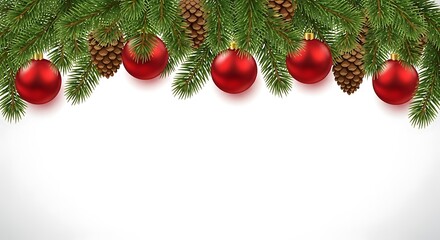 Festive Christmas fir branches with ornaments and pine cones create a holiday border across the top.