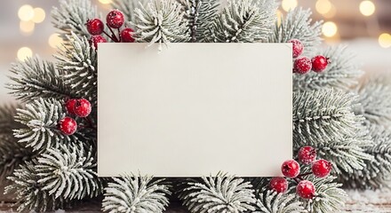 A blank card rests on a frosted pine branch adorned with red berries and soft bokeh lights.