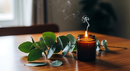 A lit candle with smoke rising next to eucalyptus leaves on a wooden table.