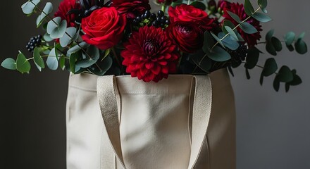 A bouquet of red flowers and greenery is beautifully arranged inside a neutral-colored tote bag.