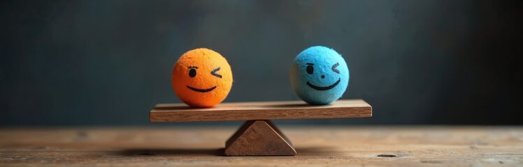 Two winking faces balance on scales. Orange, blue spheres represent positive sentiment assessment. Emotions balance. Image for AI based feedback evaluation, opinion research. Business uses sentiment