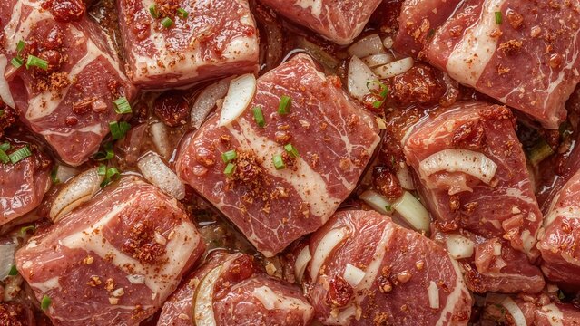 Marinated meat chunks with onions, herbs, and spices ready for cooking or grilling.