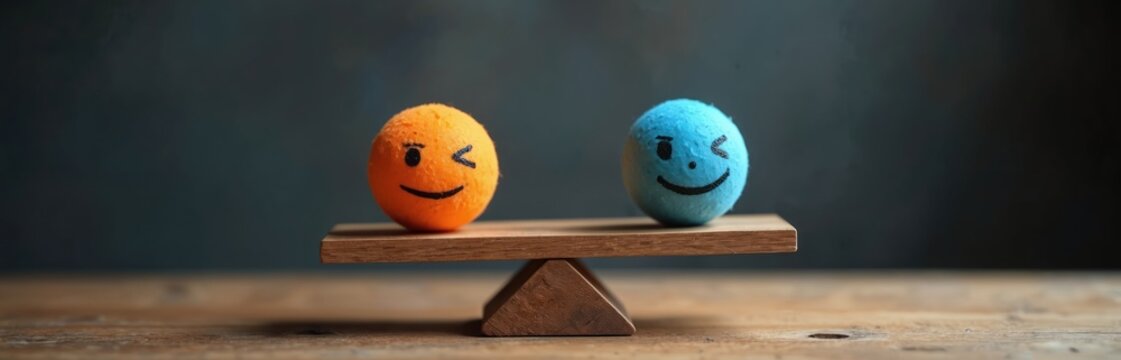 Two winking faces balance on scales. Orange, blue spheres represent positive sentiment assessment. Emotions balance. Image for AI based feedback evaluation, opinion research. Business uses sentiment