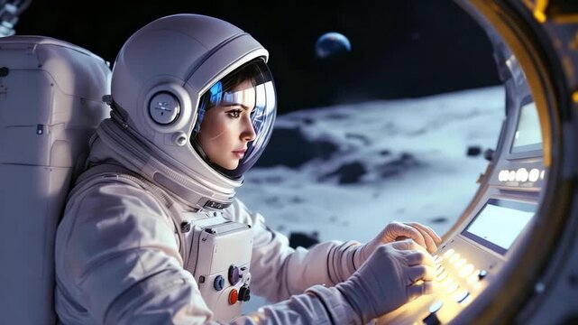 Female space traveler overseeing lunar station controls and Earth