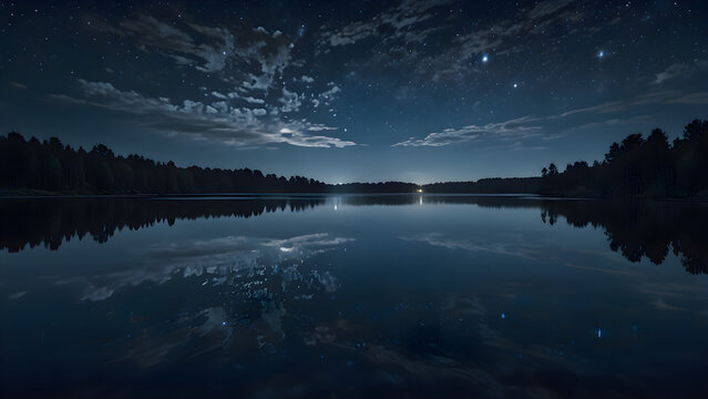 Serene lake under star-filled night sky with reflections and distant light, surrounded by dense forest silhouette. - Powered by Adobe
