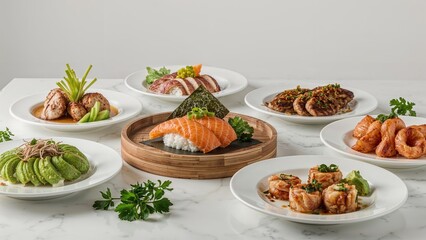 Assorted Asian dishes served on white plates with fresh greens, including sushi, meatballs, and fried items.