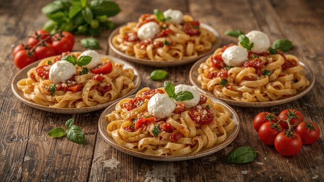 Four plates of spaghetti pasta with cherry tomatoes, basil, and mozzarella cheese on a rustic wooden table. - Powered by Adobe