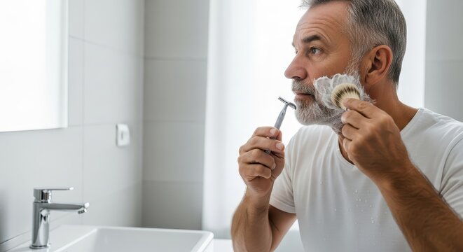 Elderly man shaving his face using a razor in a bright bathroom  