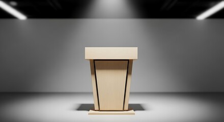 A wooden podium stands empty under spotlights on a stage, ready for a presentation.