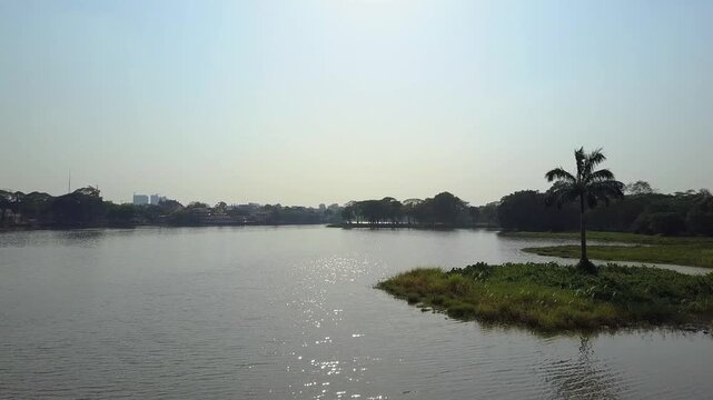  Futuristic aerial view panorama of developing Yangon city , Aerial view of Sule pagoda in downtown, Yangon, Myanmar. Sule Pagoda located in the heart of Yangon, Karaweik royal barge, Kandawgyi Lake, 