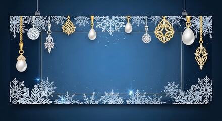 Elegant winter frame decorated with snowflakes and ornate golden and pearl pendants.