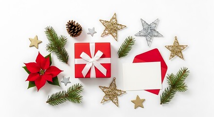 A festive arrangement of Christmas decorations, a gift box, and an envelope with a card sits on a white background.