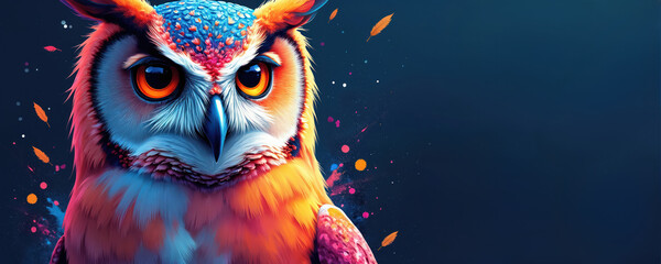 Naklejka premium Colorful owl illustration on dark blue. Bird portrait looks straight. Orange and blue feathers. Generative AI image with artistic style. Design element for creative projects about nature.