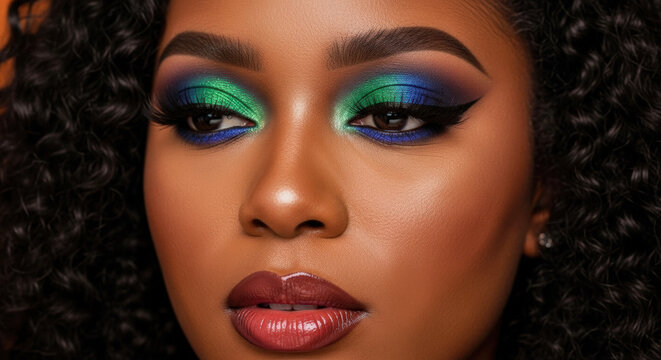 Mesmerizing close-up portrait of a beautiful Black woman showcasing vibrant blue, green, and turquoise eyeshadow makeup for an editorial beauty look.