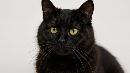 Black cat with green eyes, close-up portrait. Feline, pet, and cute animal.