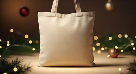 A plain canvas tote bag is displayed in front of festive holiday lights and decorations.