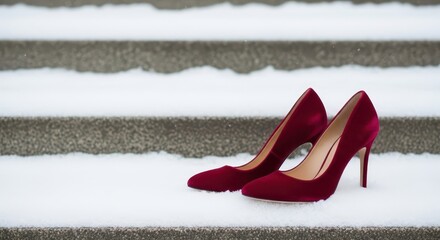 Red high heels on snowy steps in winter setting  