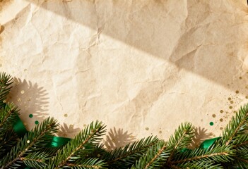 Christmas holiday background with fir branches on vintage crumpled paper. Festive flat lay composition with gold glitter and copy space for text