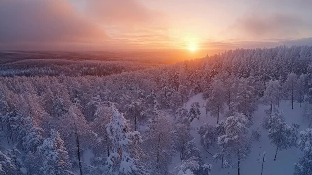 Wonderful winter solstice scene with sunset casting a warm glow over snow-covered evergreen trees.