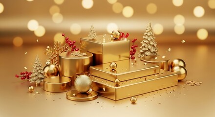A luxurious display of golden Christmas decorations and gifts with bokeh lights in the background.