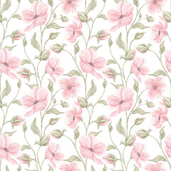Fototapeta premium Watercolor pink romantic flowers. Seamless floral pattern. Watercolor texture. Home textile. Print for fabric. Pink flowers, spring, summer. Wallpaper for home. Blooming background.