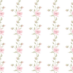 Watercolor pink romantic flowers. Seamless floral pattern. Watercolor texture. Home textile. Print for fabric. Pink flowers, spring, summer. Wallpaper for home. Blooming background.