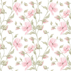 Watercolor pink romantic flowers. Seamless floral pattern. Watercolor texture. Home textile. Print for fabric. Pink flowers, spring, summer. Wallpaper for home. Blooming background.