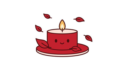 Cartoon candle with flame and falling leaves on white background