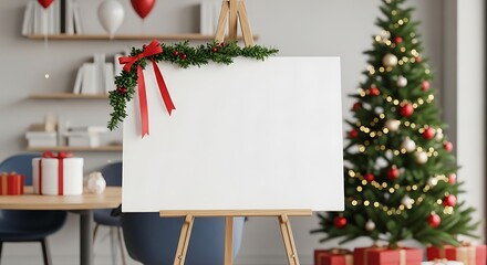A blank canvas stands ready for holiday messages next to a decorated Christmas tree and gifts.