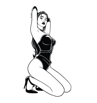 Black and white vector illustration of a sexy pin-up woman kneeling in a harness bodysuit and high heels