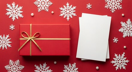 A red gift box with a golden ribbon rests beside blank cards on a festive red background with snowflakes.