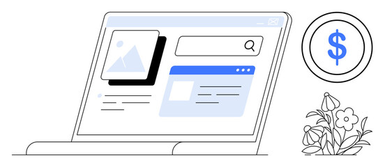 Laptop with search bar, image, and webpage layout beside dollar sign and flowers. Ideal for business, finance, web design, online shopping, growth, content creation simple flat metaphor