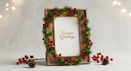 A festive Christmas frame adorned with a pine garland and berries, illuminated by fairy lights.
