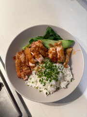 Fototapeta premium Freshly cooked chicken fillet with steam rice.