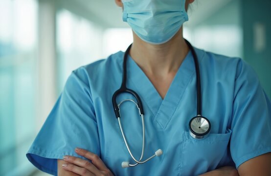Close up of medical worker in blue uniform with stethoscope. Nurse wears face mask in hospital. Doctor stands confident with arms crossed. Professional therapist in sterile suit looks to future.