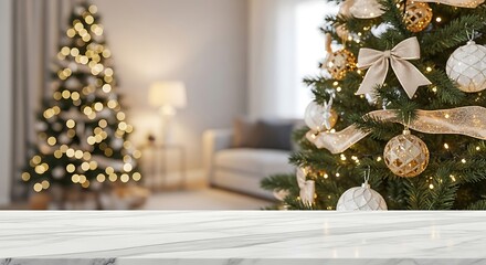 Warmly decorated Christmas trees glow with lights in a cozy room with a marble surface in the foreground.