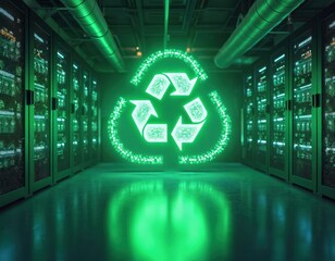 Green glowing recycle symbol in modern data center server room. Rows of tech infrastructure show sustainable energy efficiency, eco computing, environmental responsibility. Digital storage power