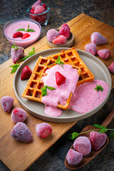 Fresh baked homemade Belgian  Brussels waffles with yogurt fresh cream cheese topping dessert and frozen and fresh strawberries served as close-up on a design plate