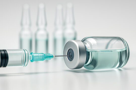 Close-up syringe needle inserted into medical vial with transparent liquid, sterile white background, concept of vaccine or injection dose
