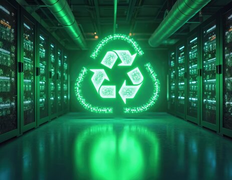Green glowing recycle symbol in modern data center server room. Rows of tech infrastructure show sustainable energy efficiency, eco computing, environmental responsibility. Digital storage power