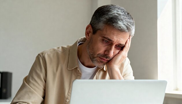 Tired and stressed middle-aged man experiencing burnout at his office desk. Sad professional feeling overwhelmed while working on a laptop. Mental health and work-related stress concept