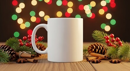A white mug sits on a wooden table surrounded by festive Christmas decorations and bokeh lights.