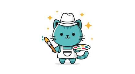 Cartoon cat painter with brush and palette on white background