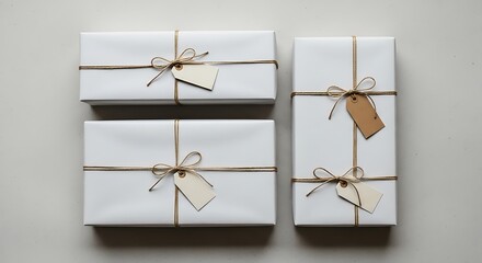 Three white wrapped gifts with twine and tags are arranged on a light gray background.