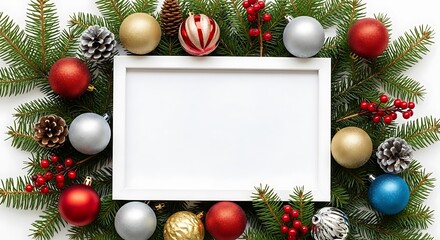 A festive Christmas wreath with a blank white frame in the center for text or images.