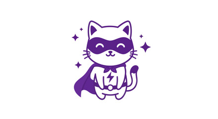 Cartoon cat superhero illustration with lightning bolt and cape on white