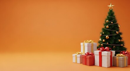 A decorated Christmas tree stands beside a pile of wrapped gifts on an orange background.