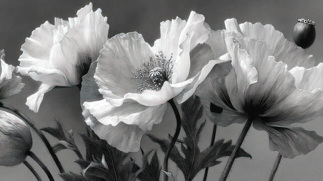 Elegant black and white poppy flowers in full bloom close up