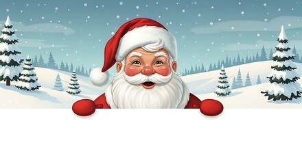 Santa Claus peeks over a blank sign in a snowy winter landscape.